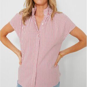 Tuckernuck Red White Striped Sleeveless Top w/ Buttons and Ruched Collar Detail